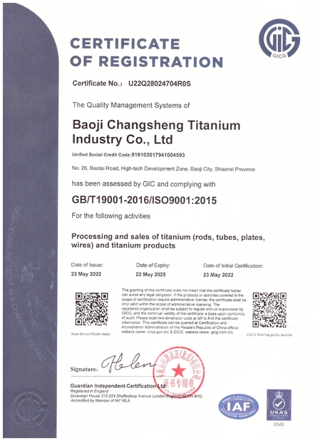 Trung Quốc Baoji City Changsheng Titanium Co.,Ltd Chứng chỉ